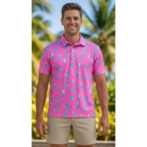 Chubbies Mens The Toucan Do It Performance Golf Polo Shirt Pink Blue Bird XL